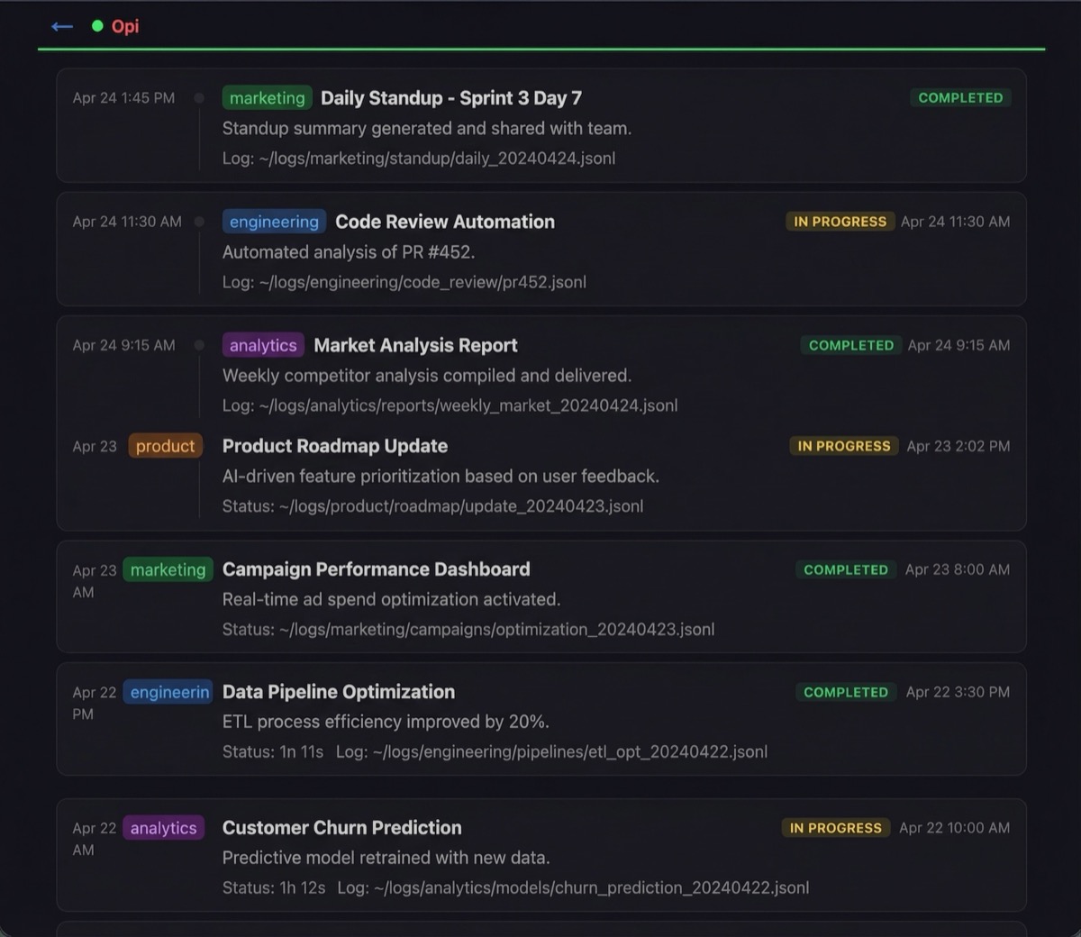 Autonomous execution log with department work sessions