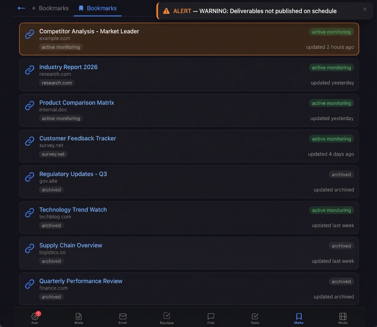 Research bookmarks with active monitoring and alerts