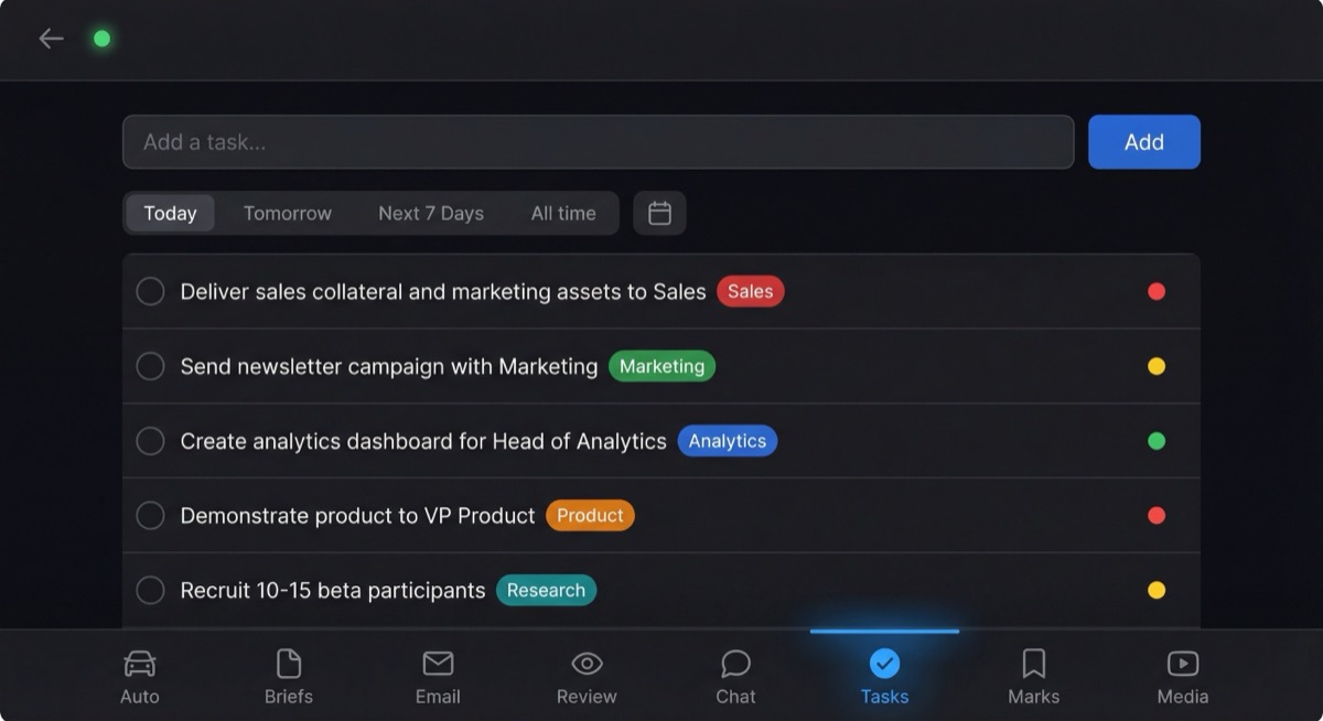 Task tracker with department tags and priority indicators